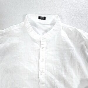 Coofandy Mens White Cotton Hemp Henley Shirt Band Collar Roll Tab Sleeve XL